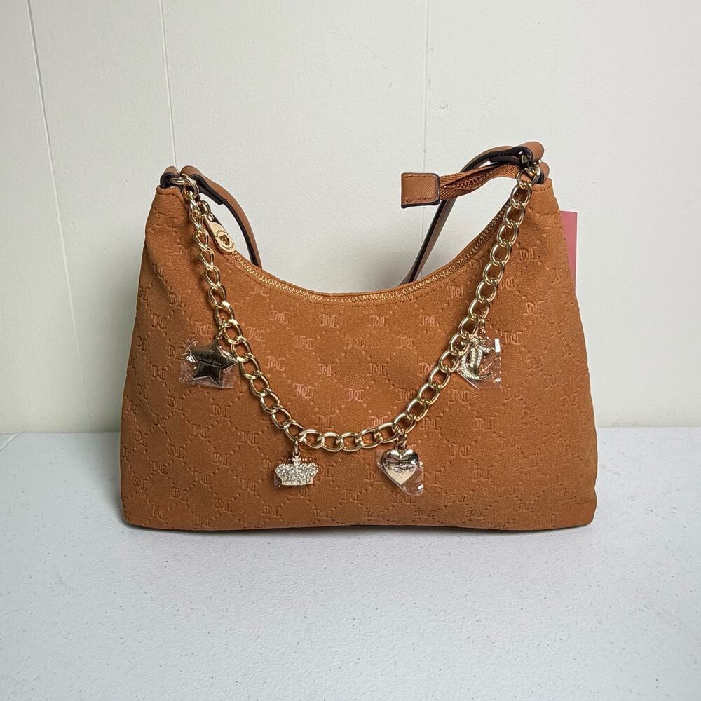 Juicy Couture Brown Logo Hobo Shoulder Bag Gold Chain Charms Zip Purse
